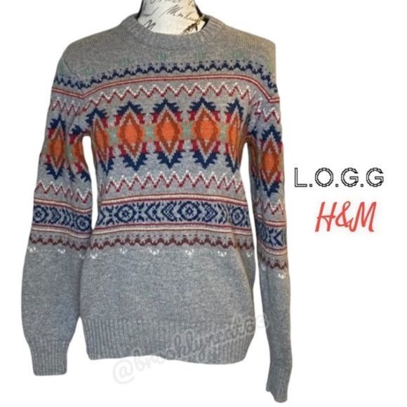 H&M LOGG Sweater Fair Isle Crew Neck Sweater Gray Blue Orange S - Picture 1 of 16